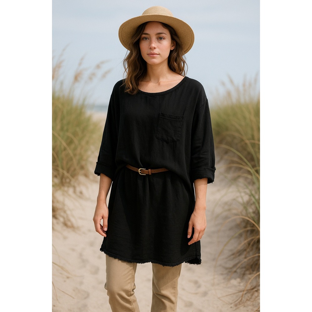 NWT Umgee USA L Black Oversized Tunic Dress Raw Hem Boho Fringe Lagenlook Boho